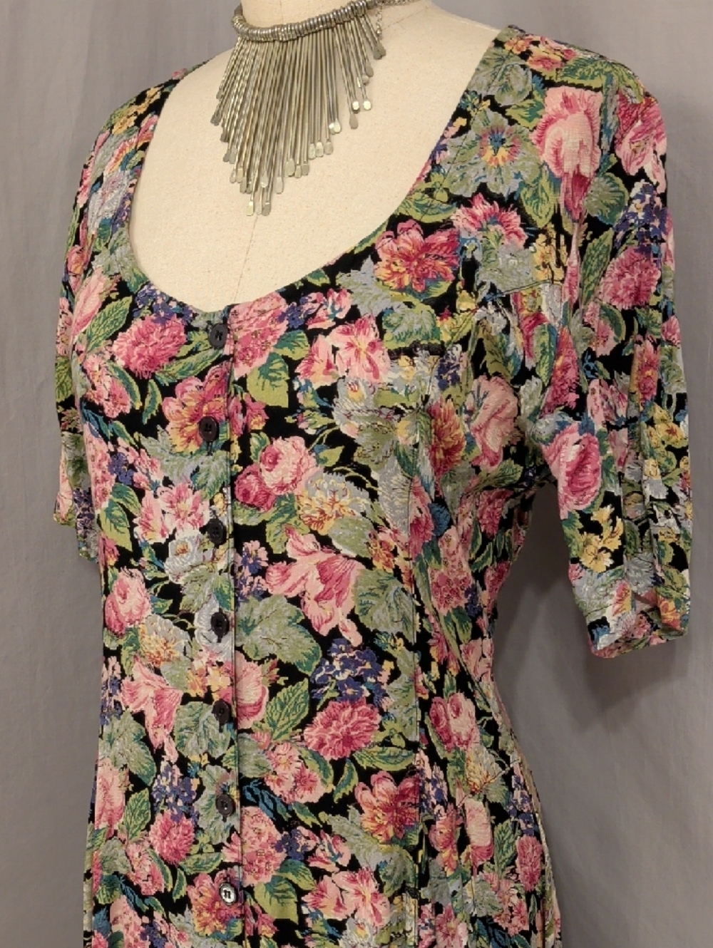 Floral Scoop Neck Midi Dress Pink Floral Vintage Starina Lace Up Back Button Frt - Picture 2 of 11